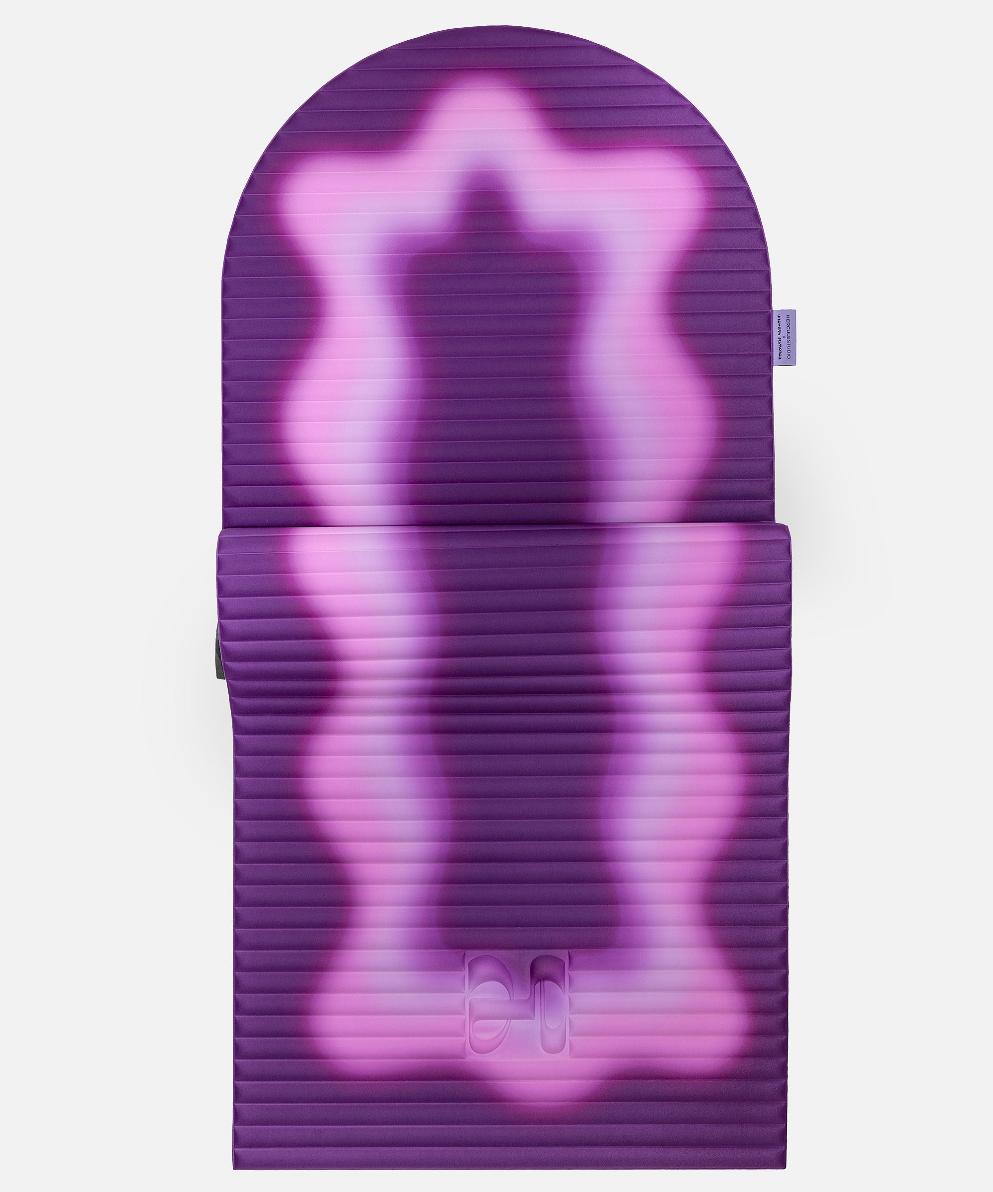 Hercule Studio x Univers Uchronia arch-shaped sport mat, Archy Winter purple printed model, durable Made in France design mat for fitness, Pilates and stretching, half unrolled view