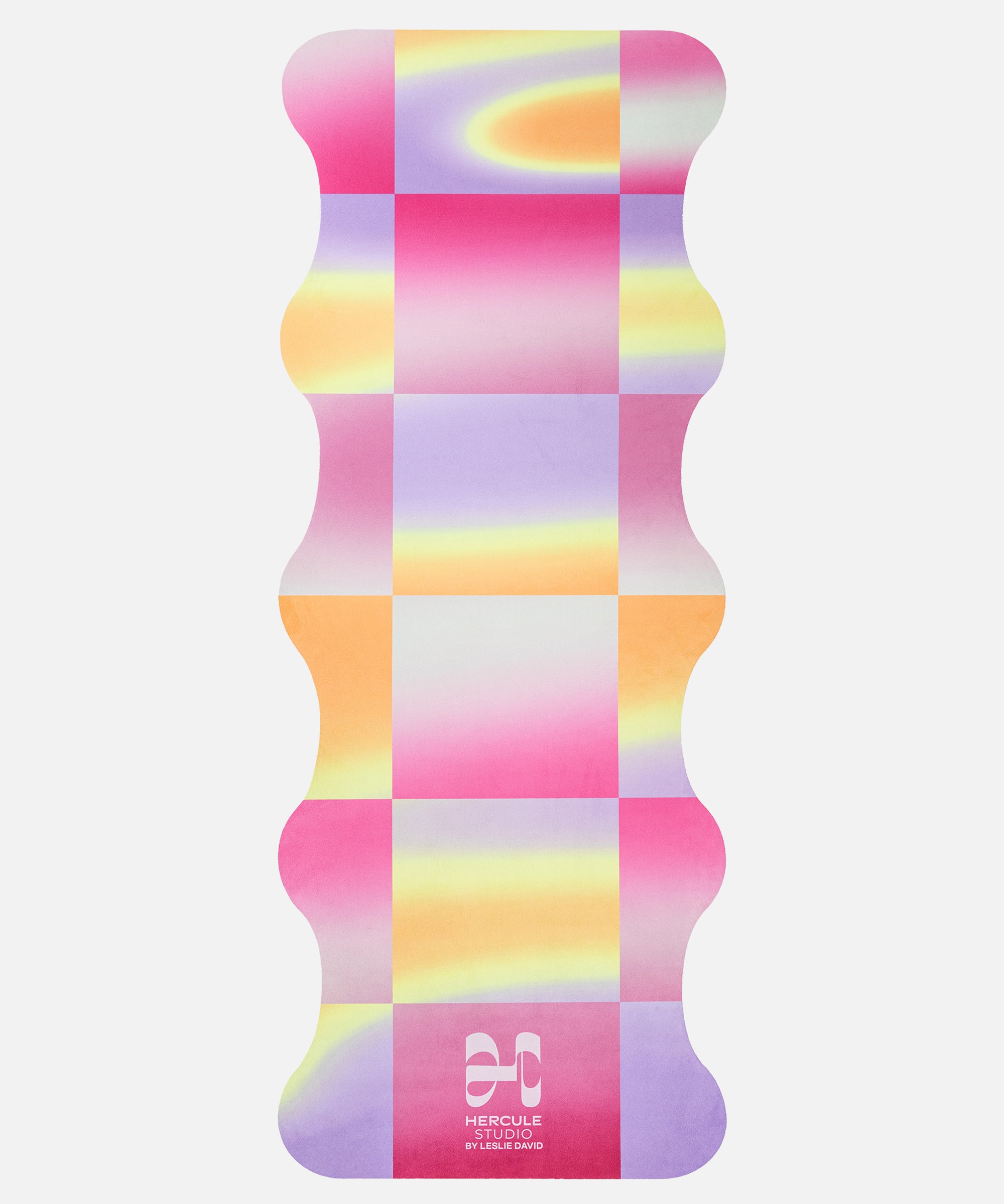 Hercule Studio x Leslie David Dance Out yoga mat unrolled, washable suede, pink orange yellow colors, artistic limited edition mat