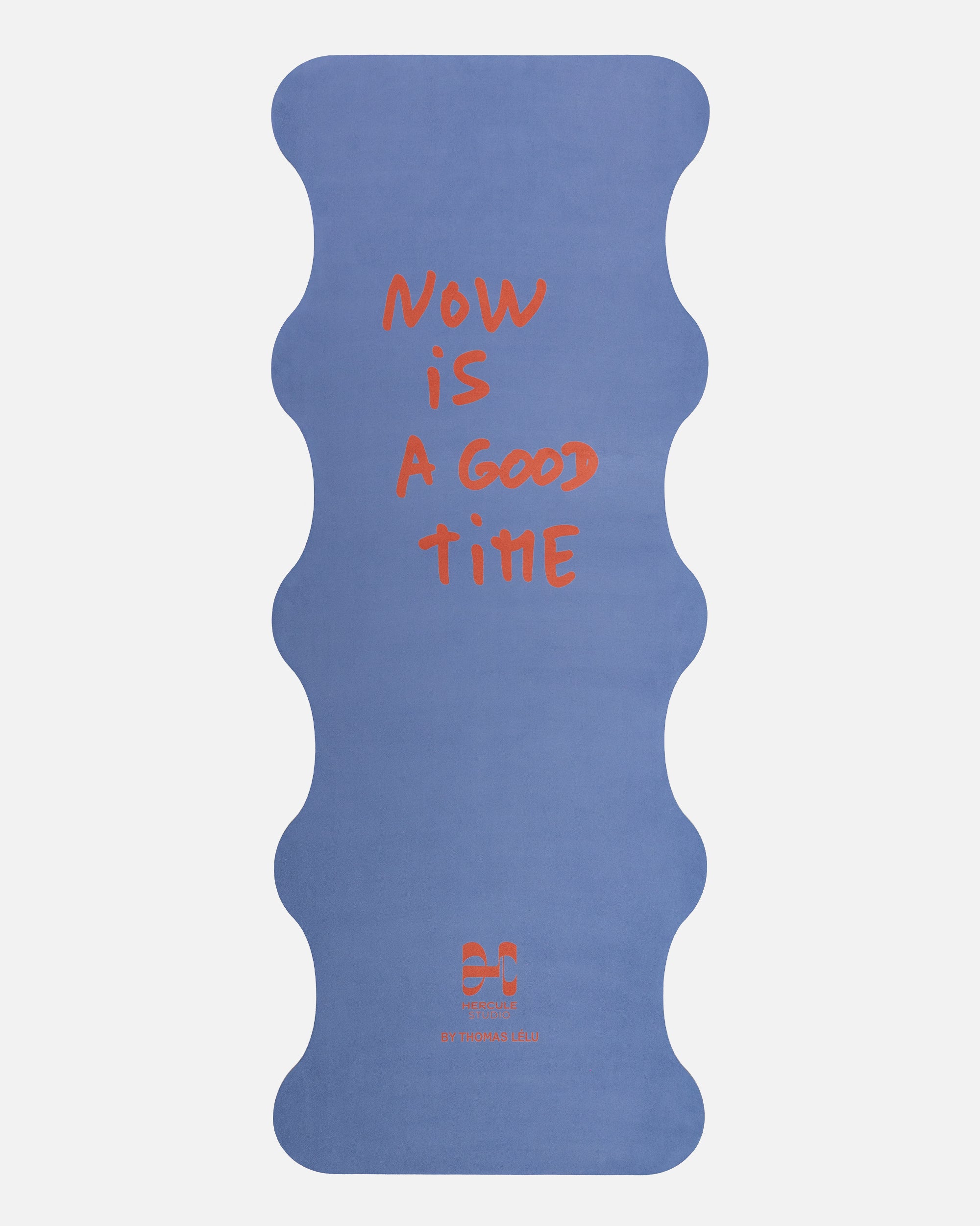 Hercule Studio Thomas Lélu quote yoga mat unrolled, blue background with red message, machine-washable suede, limited edition