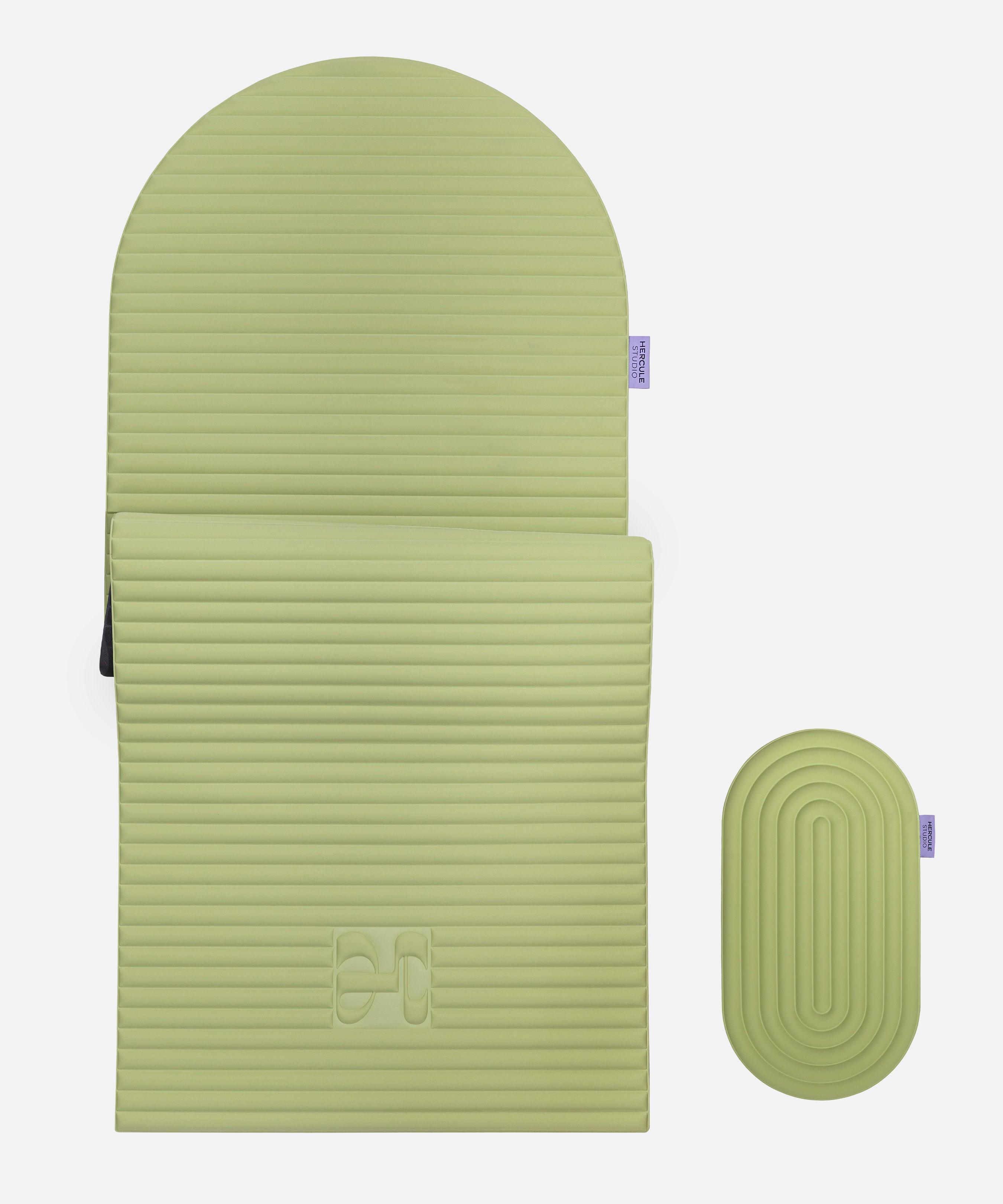 Hercule Studio pistachio green comfort bundle pairing the ergonomic Archy mat with the portable Galé mini mat, bundle designed for comfort in Pilates, yoga and Reformer, responsible French craftsmanship, packshot visual
