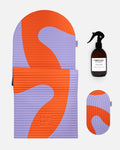 Hercule Studio Axel red orange printed essential bundle with the graphic Archy mat, the Galé 3-in-1 pad and the sport mat cleaning spray, design and responsible Pilates bundle made in France, product packshot