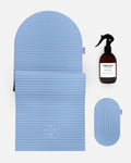 Hercule Studio blue jean essential bundle with the design Archy sport mat, the Galé 3-in-1 pad for sensitive areas and the sport mat cleaning spray, durable Made in France Pilates and fitness bundle, packshot image
