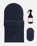 Hercule Studio navy blue essential bundle including the ergonomic Archy mat, the Galé comfort mini mat and the sport mat sanitizing spray, premium Pilates and fitness pack made in France, packshot visual