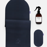 Hercule Studio navy blue essential bundle including the ergonomic Archy mat, the Galé comfort mini mat and the sport mat sanitizing spray, premium Pilates and fitness pack made in France, packshot visual